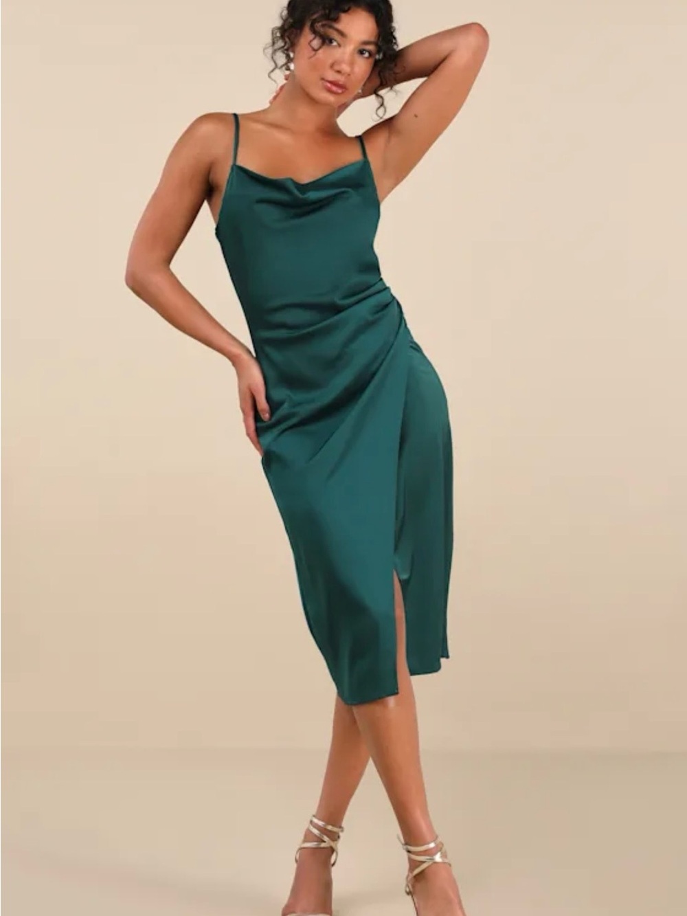 Lulu's Emerald Green Satin Cowl Midi Dress with Side Slit